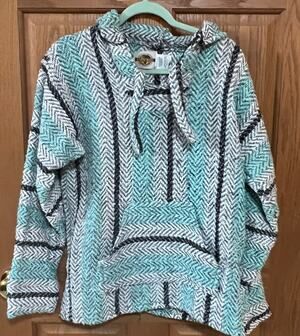 Earth Ragz Women’s Hooded Chevron Knit Jacket Teal Gray Black Boho